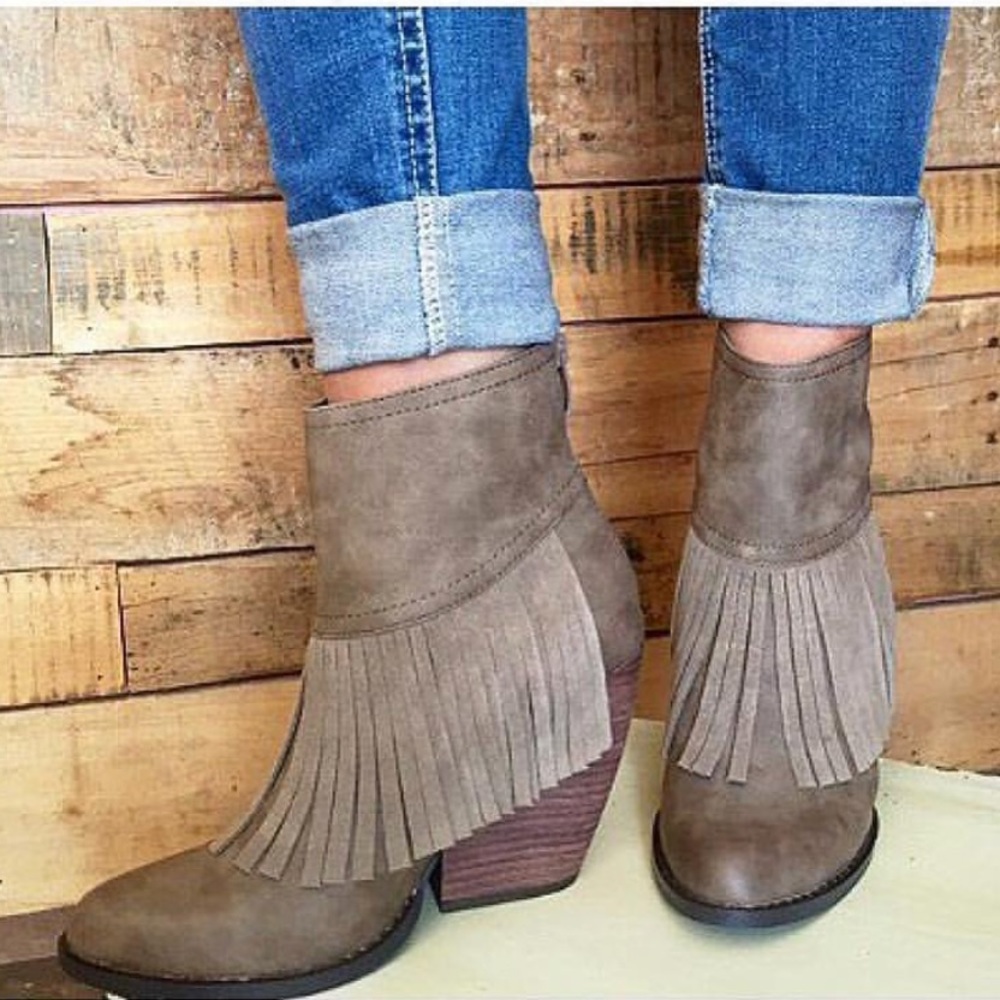 Taupe Fringe Boho Chic Ankle Booties - Picture 8 of 8